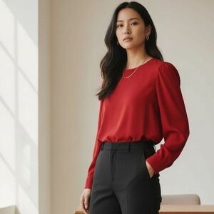 Lafayette 148 New York Red Silk Long Sleeve Blouse M Career Luxury Professional